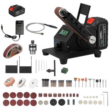 Imagem de SZITW Mini lixadeira de correia 350W Máquina de lixar elétrica de bancada Regulagem de velocidade contínua Máquina polidora de afiador de moedor pequeno com 10 correias de lixa para marcenaria DIY, re