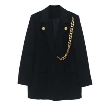 Imagem de Blazer feminino com emendas de corrente vintage com bolsos entalhados, Preto, P