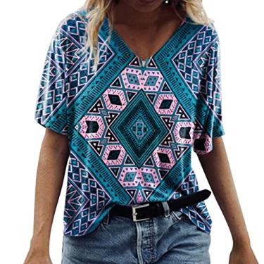 Imagem de Camisas ocidentais para mulheres com estampa solta asteca vintage étnica tribal geométrica Superdimensionado Camisa de manga curta havaiano Havaí Tops de de peplum temática O61-Azul X-Large