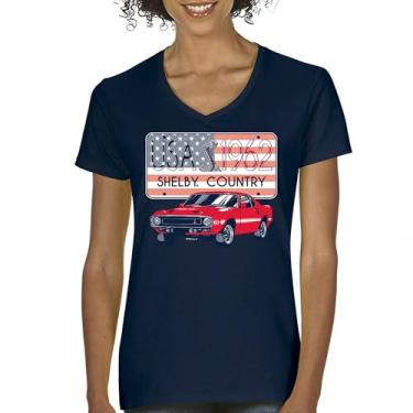 Imagem de Camiseta feminina Shelby Country gola V 1962 GT500 American Racing feita nos EUA Mustang Cobra GT Performance Powered by Ford Tee, Azul marinho, GG