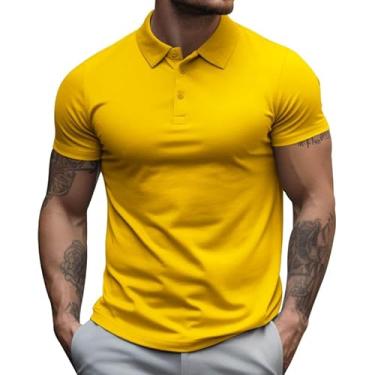 Imagem de BAFlo Camiseta masculina de lapela manga curta camisa polo masculina grande e gola solta camiseta cor sólida, Amarelo, GG
