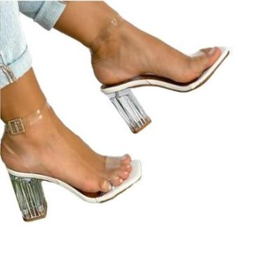 Imagem de Sandália Feminina em Vinil Com Tornozeleira Salto Bloco Acrílico de 10 Cm 35-Feminino