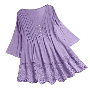 Imagem de Aniywn Blusa formal feminina elegante plus size vintage renda patchwork laço gola V bordado camisetas verão manga 3/4 tops, A7, rosa, M