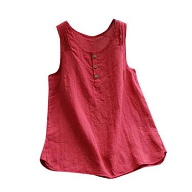 Imagem de Camiseta regata feminina de linho para verão, sem mangas, com botões, leve, plissada, para sair, Vermelho, XXG