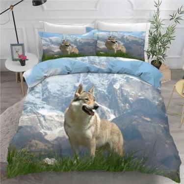 Imagem de Jogo de cama King Wolf California Snowy Mountains, conjunto de 3 peças, capa de edredom de microfibra macia, 264 x 248 cm e 2 fronhas, com fecho de zíper e laços