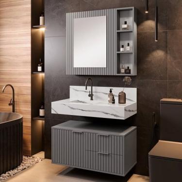 Imagem de Conjunto Para Banheiro Bancada Em Porcelanato Com Cuba Esculpida, Armário e Espelheira Ripy 80cm Cinza