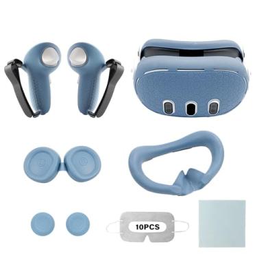 Imagem de Conjunto de capas de silicone VR compatível com Oculus/Meta Quest 3, acessórios Quest 3, capa protetora inclui alças de controle de toque, capa de realidade virtual, interface facial, azul embaçado