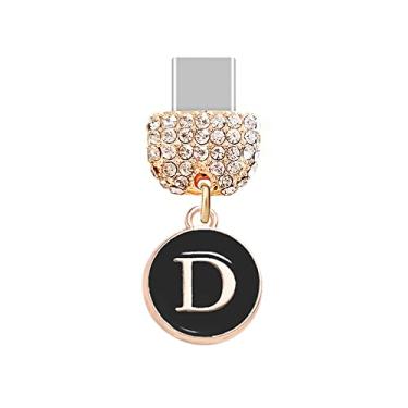 Imagem de ELISE & FONDA TP56 Type-C USB Charging Port Crystal Anti Dust Plug with Tiny Round letter D Cell Phone Charm for Samsung Galaxy/Huawei/OnePlus/Xiaomi/oppo New Android Phones(Black)