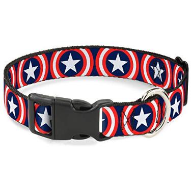 Imagem de Buckle-Down Colar com clipe de plástico azul marinho do Capitão América Shield Repeat do Universo Marvel, Grande/38-66 cm