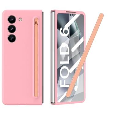 Imagem de Factemory Capa para celular Slim S Pen compatível com Samsung Galaxy Z Fold 6, com caneta S compacta integrada, suporte e compartimento de armazenamento para caneta, em Rosa com Quadriculado