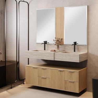 Imagem de Conjunto Para Banheiro Bancada Em Porcelanato Com Cuba Esculpida, Armário e Espelho Ripy 120cm Wood/Travertino