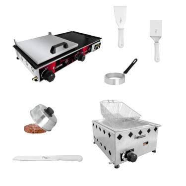 Imagem de Kit Chapa A Gás 60x30 PREMIUM + fritadeira 1 Cuba 5l +5 Utensílios TOP