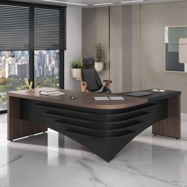 Imagem de Kit com Mesa para Escritório Diretor em L e Cadeira de Escritório Presidente Lisboa Espresso Móveis Charuto/Preto