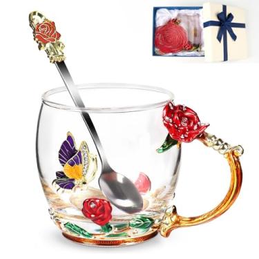 Imagem de Xícara de chá de flor, caneca de café de vidro transparente borboleta rosa com colher, caixa de presente para sua mãe, esposa, avó, meninas, amigas, dia dos namorados, Natal, aniversário, ideia de