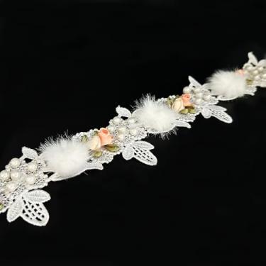 Imagem de 1 jarda contas de pérolas brancas flores fita de acabamento de renda apliques florais tecido de renda bordado bonito renda de costura para casamento, vestido de noiva, roupas, fantasia, chapéu,