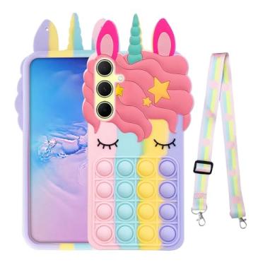Imagem de nancheng Capa para Samsung Galaxy A35 5G meninas mulheres bonito desenho animado bolha push pop brinquedos engraçados com cordão de alça à prova de choque capa protetora para celular - arco-íris