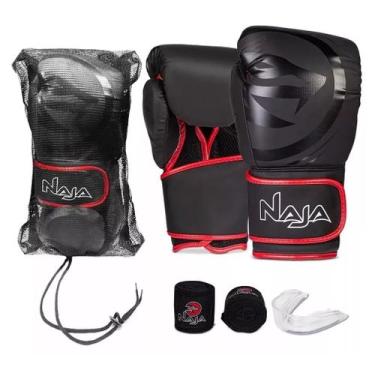 Imagem de Kit Luvas De Boxe E Muay Thai Naja Black Line + Bandagem + Protetor Bu