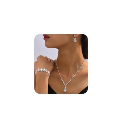 Imagem de JWICOS Conjunto de joias de casamento para mulheres conjunto de brincos pendentes de colar de casamento pulseira de cristal para festa de casamento (estilo 5), freesize, Metal, Strass