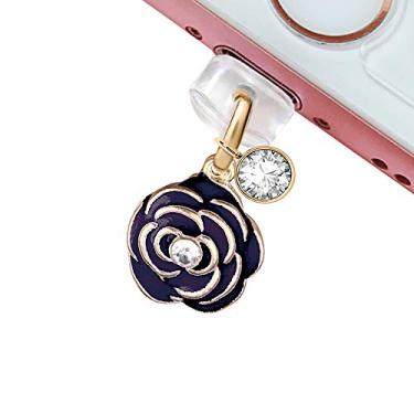 Imagem de EIISE & FONDA Porta de carregamento USB CP32, plugue antipoeira, pingente de flor rosa, pingente de telefone para iPhone 11/XS MAX/XR/X/8 Plus/7/6S/6/SE iPad iPod (preto), approx. 1.3 cm (H) x 1.3 cm