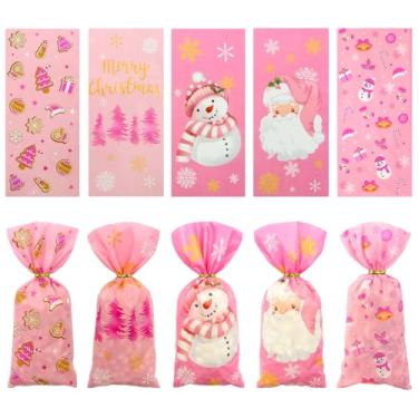 Imagem de 50 peças de sacolas de presente de celofane de Natal fofas rosa Papai Noel doces de Natal flocos de neve boneco de neve sacos de presente de plástico para meninas, meninos e crianças, artigos de festa