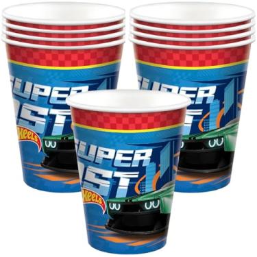 Imagem de Amscan Copos Hot Wheels multicoloridos (255 g) Pacote com 8 - Copos temáticos duráveis e reutilizáveis, perfeitos para festas infantis