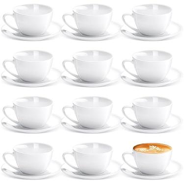 Imagem de Maxdot Conjunto de 12 xícaras de café expresso de porcelana de 156 g com pires e xícaras de café de cerâmica branca e pires, caneca de cappuccino, xícara de latte para café, mocha, barista, cafeteria