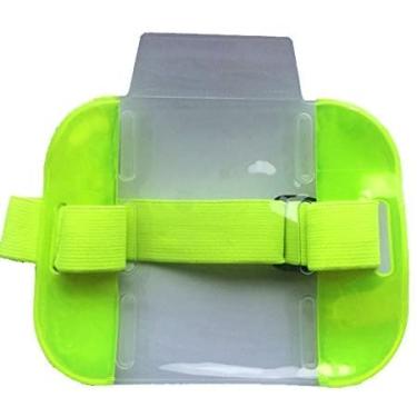 Imagem de Suporte para crachá de identificação de braçadeira amarelo neon de alta visibilidade com faixa elástica ajustável - para identificação de trabalho ou passe de esqui - da PAC Supplies Global