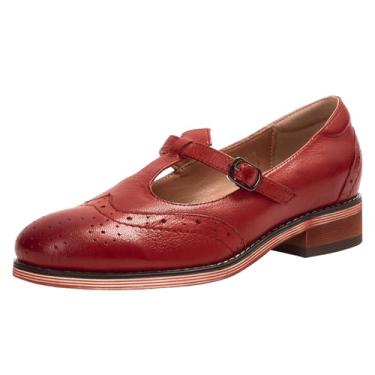 Imagem de Mona flying Sapato feminino de couro Wingtip Oxford Mary Jane Mocassim casual com tira em T para mulheres, Data vermelha, 38