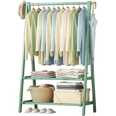 Imagem de Arara de roupas de bambu, trilho para roupas com prateleiras, suporte de casaco, trilho para pendurar roupas, leve, dobrável, organizador de roupas para entrada e quarto, verde ervilha, 116 x 40 x 160