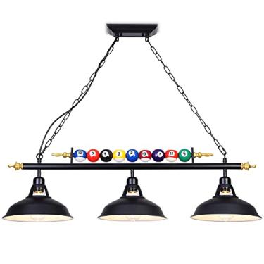Imagem de Mcacggo Luzes de piscina de bilhar de 3 luzes penduradas sobre mesa de 1,8 m a 2,3 m com persianas de metal fosco preto e decoração de bola, para sala de bilhar, sinuca, ilha de cozinha