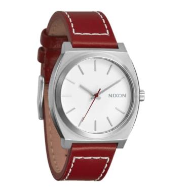Imagem de NIXON Relógio analógico masculino Time Teller A1373-100 m resistente à água (mostrador do relógio de 37 mm, pulseira de couro de 20 mm-18 mm), prata/garça/cranberry, One Size, Couro Time Teller