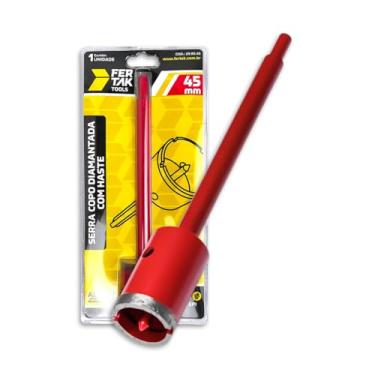 Imagem de Serra Copo 45mm Diamantada - C/Haste e Pino Guia Fertak Para Granito Porcelanato Mármore para Pedreiros Cor Vermelha Original Cód - 299045