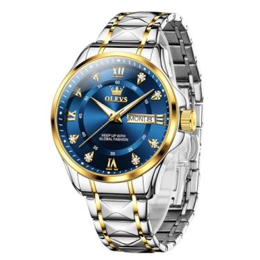 Imagem de OLEVS Relógios de luxo masculinos de aço inoxidável com data, clássico, mostrador grande, à prova d'água, luminoso, masculino, relógio masculino reloj para Hombre (branco/dourado/preto//azul