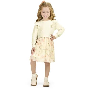 Imagem de Vestido Infantil Inverno Em Moletom Tricô E Tule Floral  - Angerô-Feminino