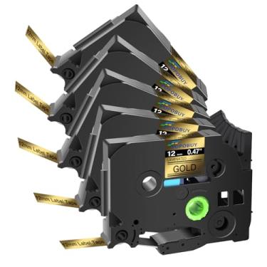 Imagem de POPOBUY Fita dourada laminada TZ TZe 12 mm 0,47 compatível com Brother P Touch TZ831 TZ-831 TZe-831 TZe831 Fita de etiqueta para PTD210 PTD400 PTD220 PTH110 etiquetadora, pacote com 5, preto sobre
