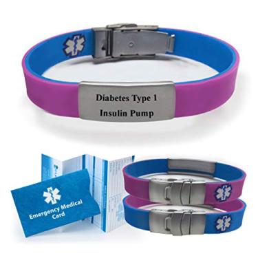 Imagem de "Bomba de insulina tipo 1 Diabetes" esportiva/slim reversível alerta médico ID pulseira para homens e mulheres, Blue / Purple