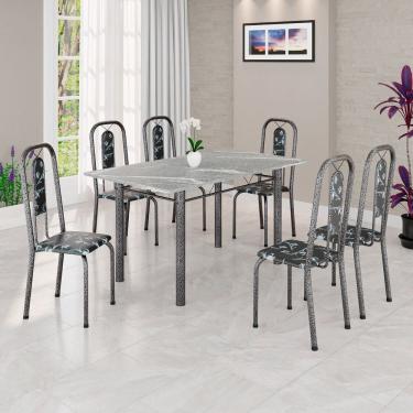 Imagem de Conjunto de Mesa Tubular 140cm X 75cm Tampo Granito Topázio com 6 Cadeiras Lívia Preto/Prata