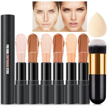 Imagem de Kit de maquiagem em bastão de contorno creme de 6 cores, tons com iluminador e contorno de bronzeador blush para esculpir as bochechas, de longa duração, à prova d'água, acabamento fosco e orvalhado