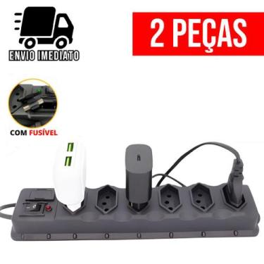 Imagem de Kit 2 Filtro de Linha 6 Tomadas Régua de Tomada com Fusível Extensão E