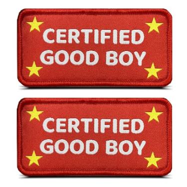 Imagem de 2 peças certificadas Good Boy Funny Meme Saying Hoop & Loop Remendos bordados fofos adorável cão arnês emblema para coleira colete removível tático trabalho moral cão roupas para animais de estimação