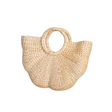 Imagem de Bolsa feminina de ombro de palha feminina grande bolsa de tecido com alça redonda bolsa retrô bolsas de verão viagem praia bolsa de palha tecido à mão grande bolsa hobo bolsa artesanal de grande