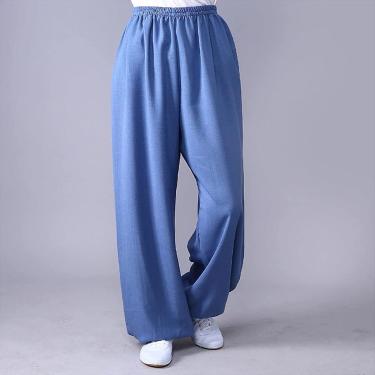 Imagem de Calças Unissex De Tai Chi De Cor Sólida Respirável De Algodão E Linho Tradicional Chinês De Lazer Confortável Cintura Elástica Com Cordão Roupas De Artes Marciais Para Ta, 001, L