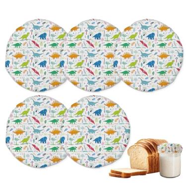 Imagem de Tampas de pote para iniciantes Sourdough, pacote com 5 tampas reutilizáveis de pano de dinossauro de desenho animado para potes de 7 a 10 cm, ideal para kefir de kombucha ou fermentação de queijo