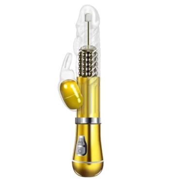 Imagem de Vibrador Ponto G Rabbit Cromado 9 Vibrações 6 Modos Rotação Prazer Intenso Orgasmo Duplo [DOURADO]