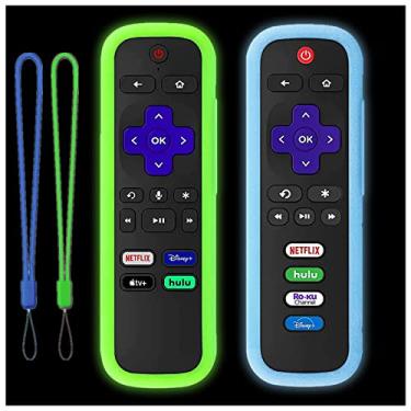 Imagem de Gavyqier Pacote com 2 capas de controle remoto para Roku Express 2021 | Capa protetora de silicone TCL Roku universal para TV Onn Roku | Hisense Roku Streaming Stick Capa para controle remoto azul e