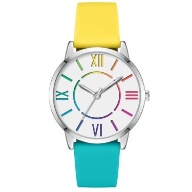 Imagem de Relógio feminino com mostrador colorido, mostrador fácil de ler, à prova d'água, Amarelo/azul., 37mm, Casual