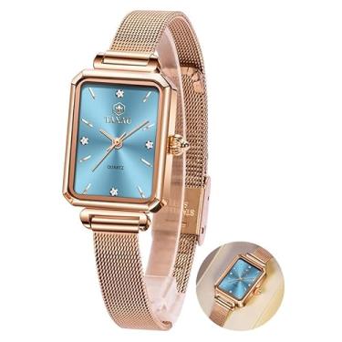 Imagem de Taxau Relógio feminino casual, pulseira de malha em tom de ouro rosa, aço inoxidável, quadrado, relógio de pulso feminino de quartzo analógico de moda para negócios, Rosto azul gelo, vestido