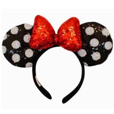 Imagem de Tiara Laço Vermelho Orelhas Preto Branco Minnie Lantejoulas - Taimes