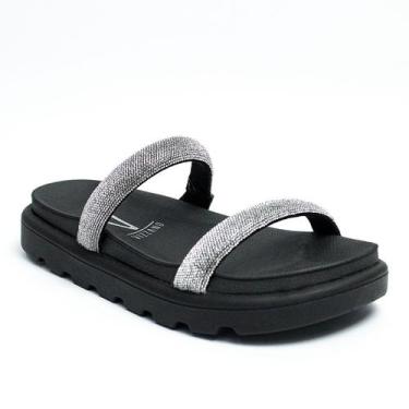 Imagem de Papete Vizzano Feminina Strass Brilho Tratorada Original, Preto, Prata