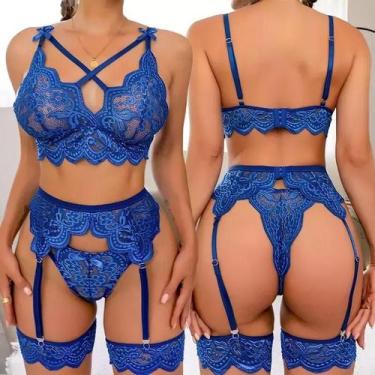 Imagem de Conjunto de Lingerie com Decote em V e Cinta-Liga ElaShopp, Azul, GG